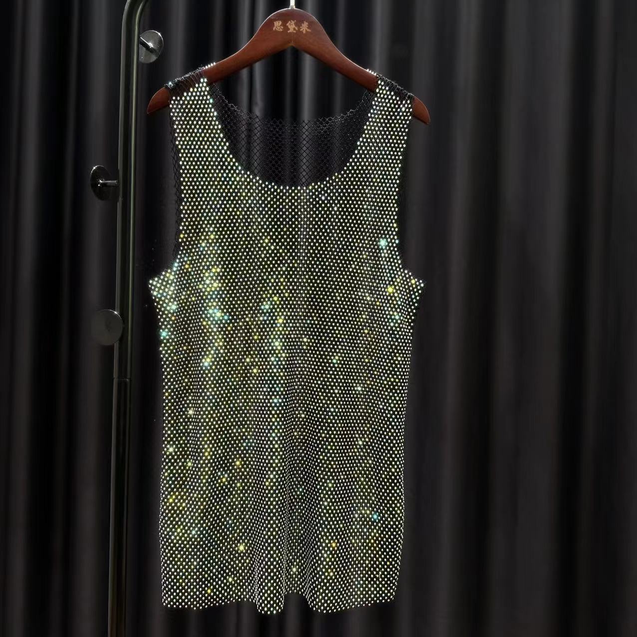 Women's & Men's & Rhinestone Long Mesh Shirt Hollow Blouses