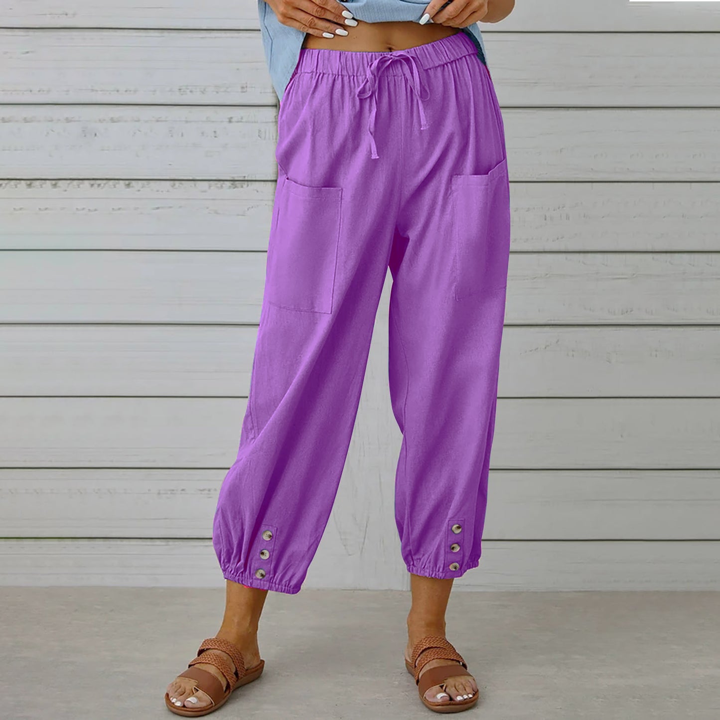 Women's Loose High Waist Button Cotton Linen Trousers Cropped Pants