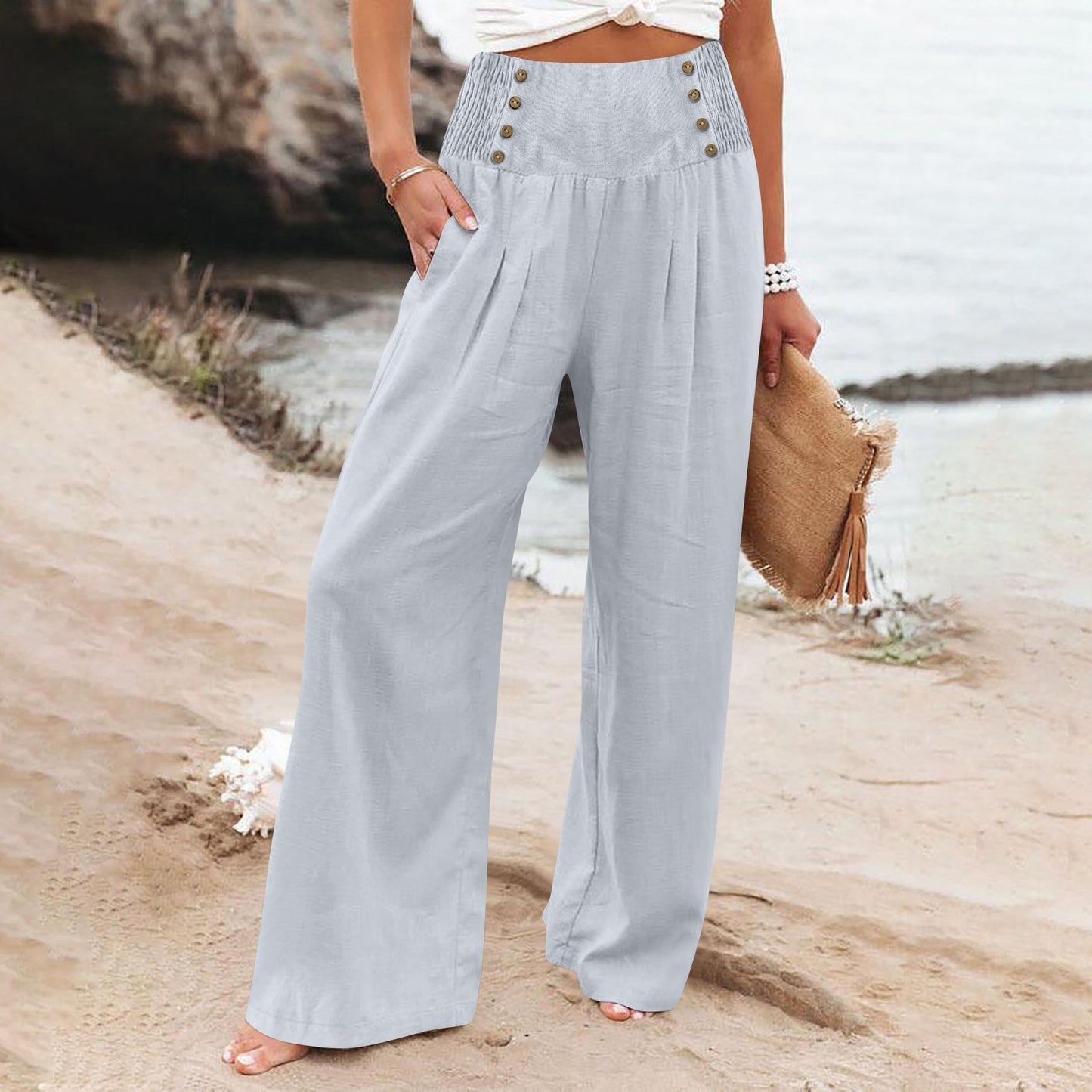 Women's Elastic Waist High Wide Leg Cotton Pants