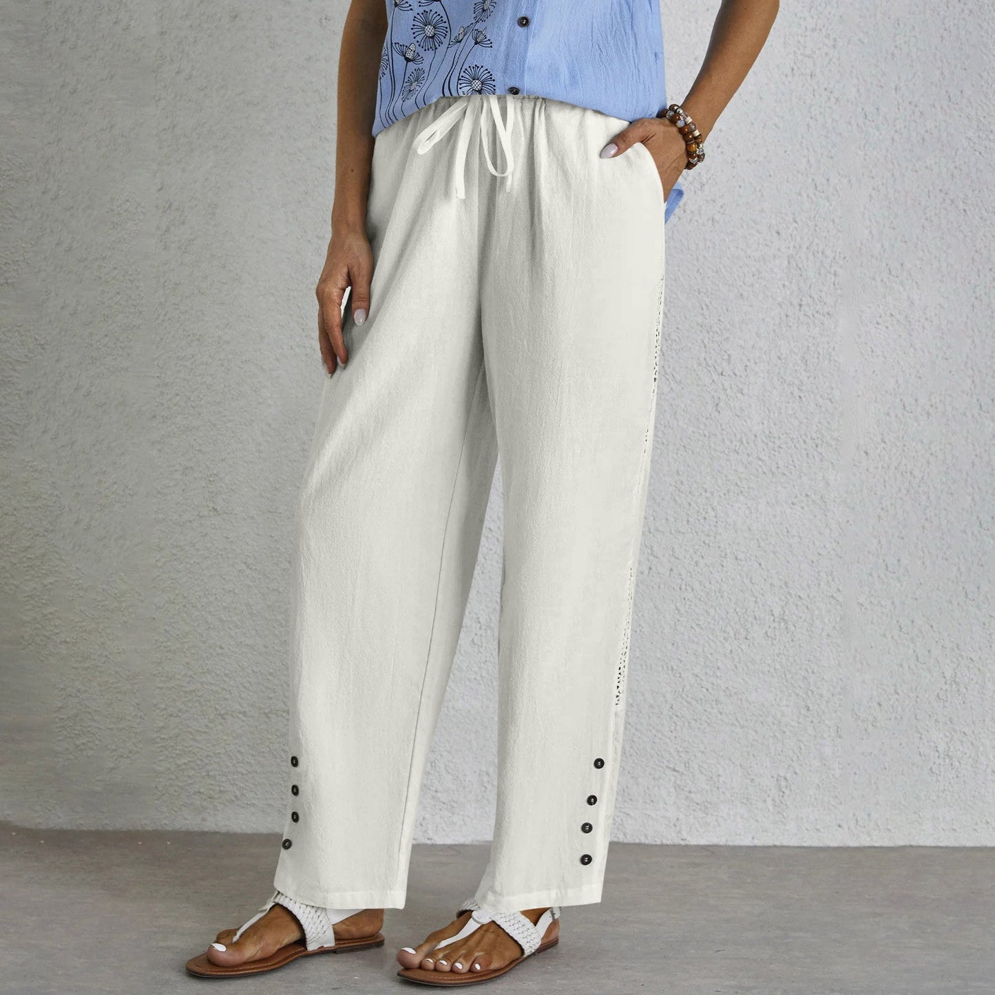 Women's Cotton Linen Drawstring Pocket Lace Button Pants