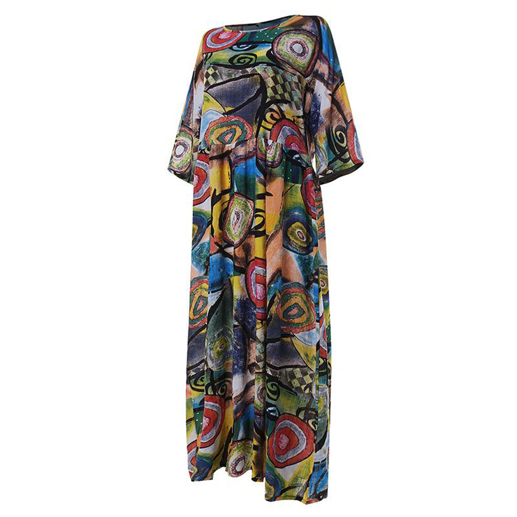 Women's Long Retro Bohemian Pleated Sleeve Waist Dresses