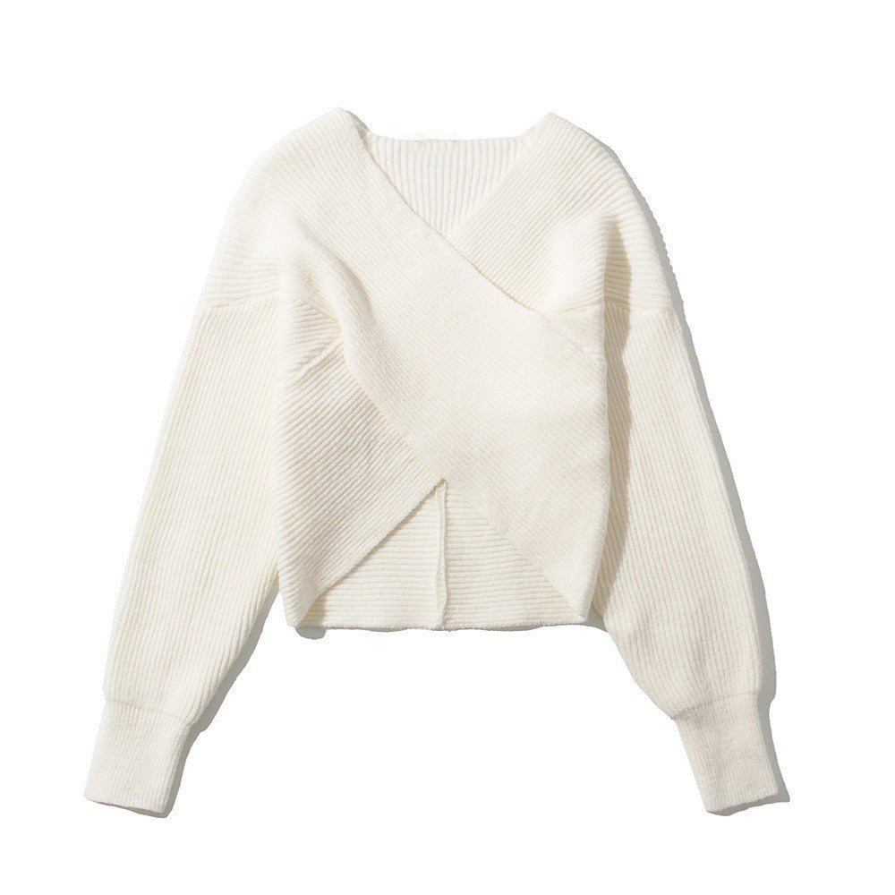 Solid Color Sexy Cross Cropped Long-sleeved Knitted Sweater