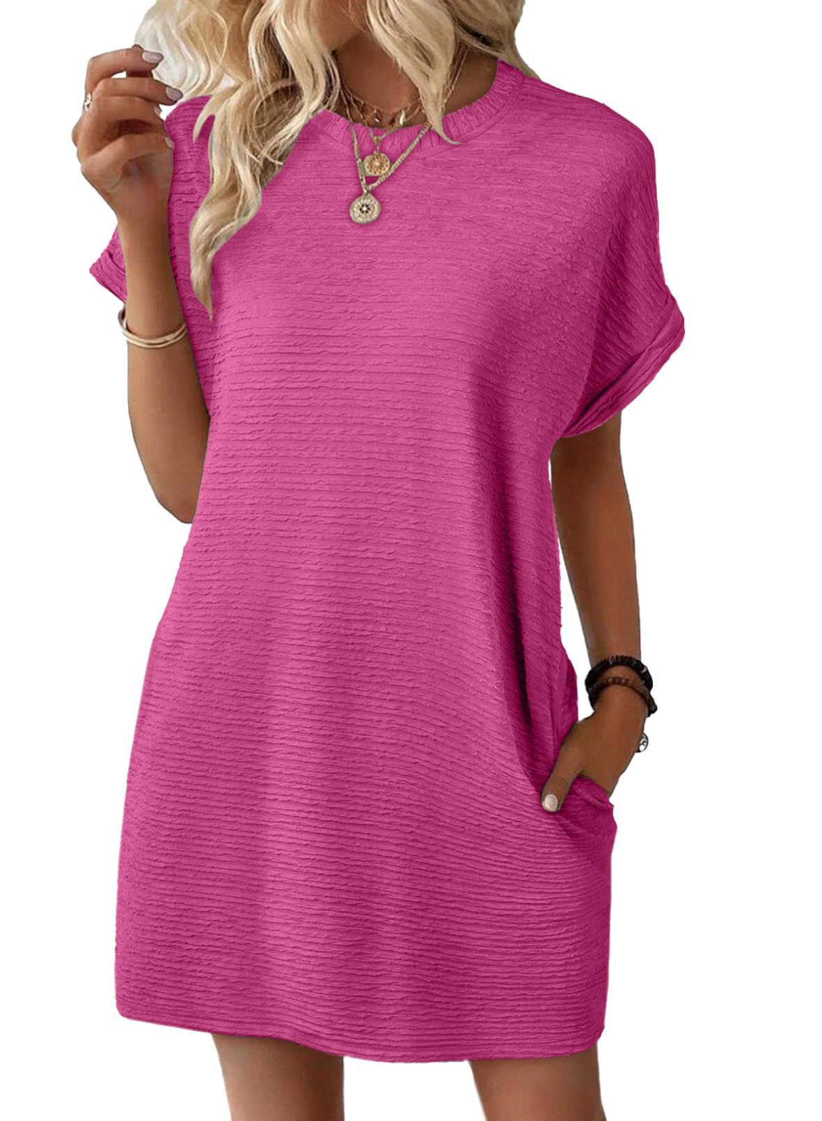 Women's Round Neck Pocket Solid Color Sleeve Shorts