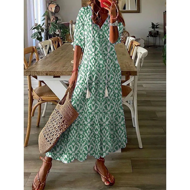 Casual Sweet Loose Printed Tassel Long Dresses