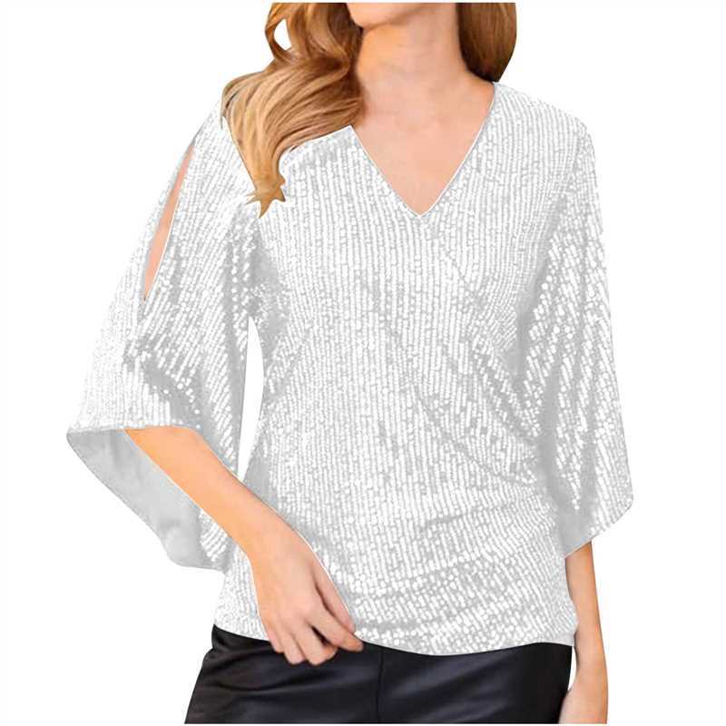 Women's Loose Mid-length Sequined T-shirt Short-sleeved Pullover Blouses