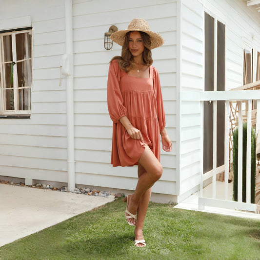 Women's Pullover Square Collar Puff Sleeve Solid Dresses