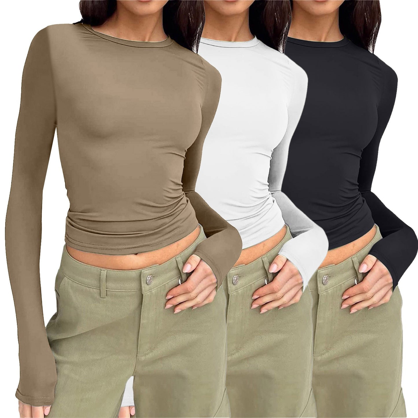 Women's Long-sleeved Solid Color Slim Pullover T-shirt Blouses