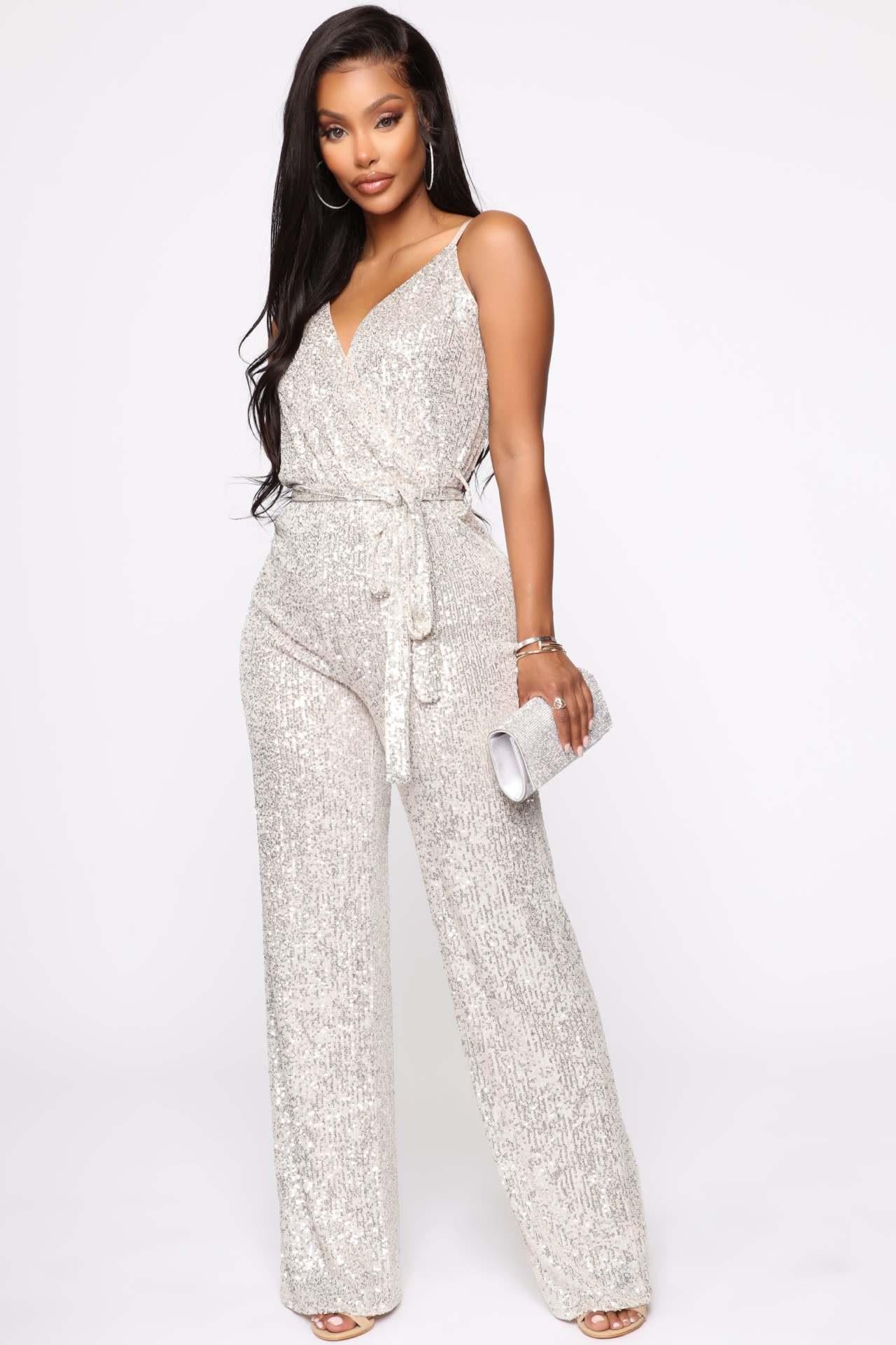 Spring Sleeveless Backless Pure Color Sequins Slim Jumpsuits