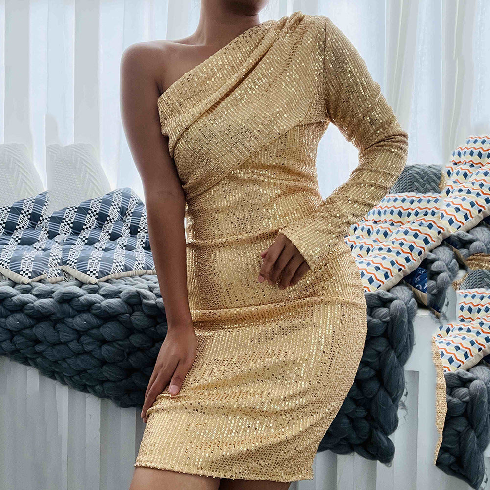 Women's Dress Diagonal Collar Fashionable Sequins Nightclub Dresses