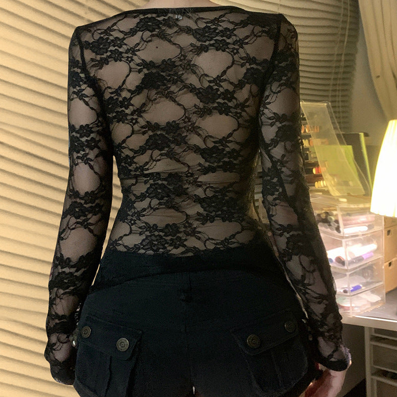 Basic Lace Round Neck Slim Fit Slimming Blouses