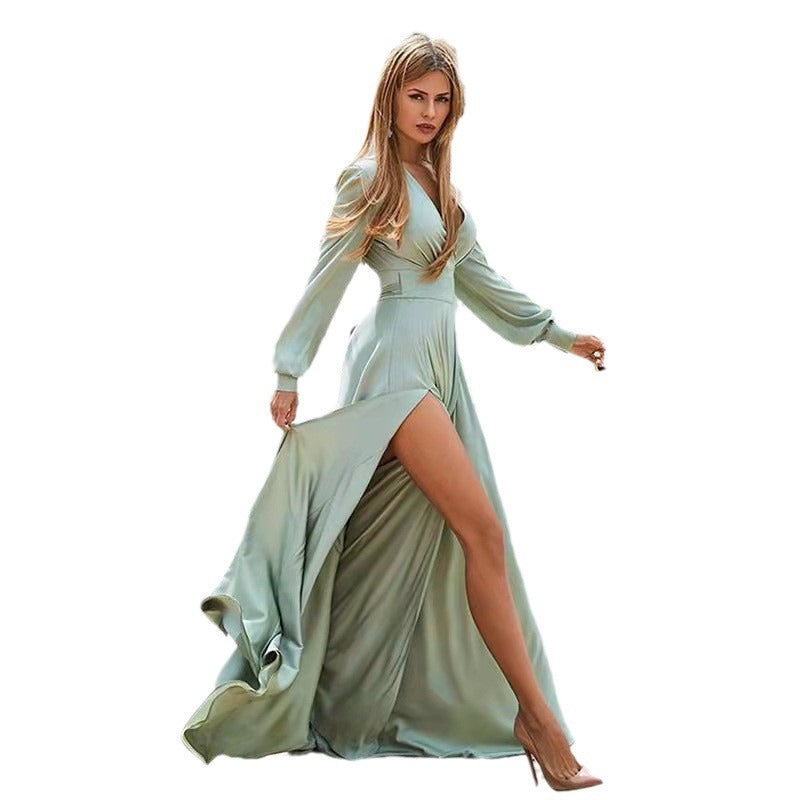 Bohemian Deep V Long Sleeve Split Evening Dresses
