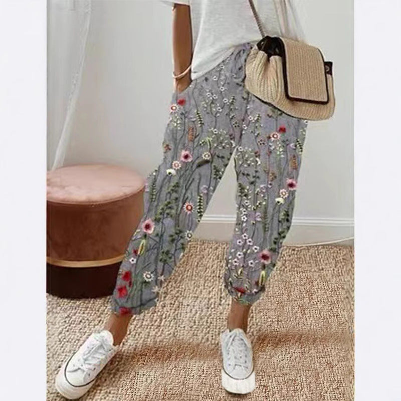 Women's Printed Cotton Linen Casual Trousers Pants