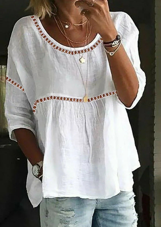Women's Round Neck Hollowed Leisure Lace Patchwork Blouses