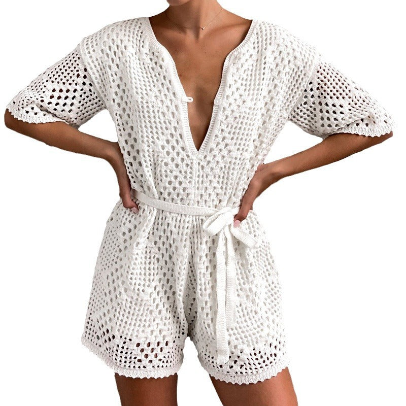 Women's Solid Color Hollow Siamese Summer Waist Jumpsuits