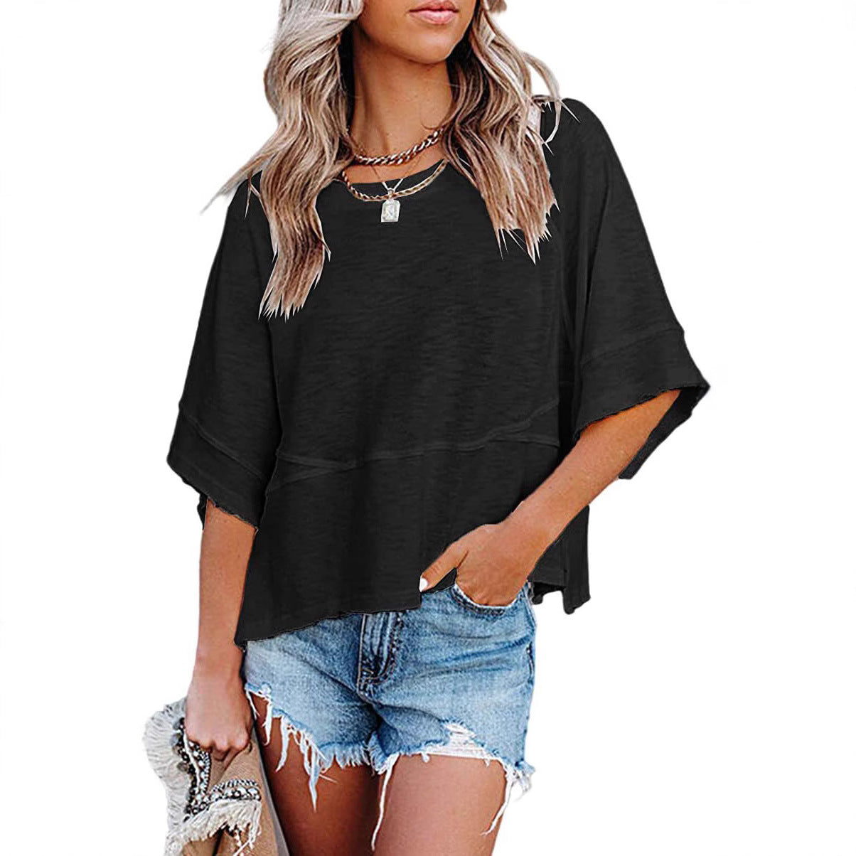Women's Solid Color Bell Sleeve Casual Loose-fitting Blouses