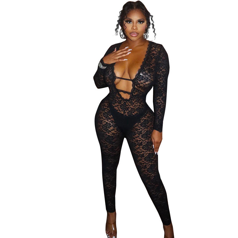 Women's Lace Zipper Sexy Hot Nightclub Jumpsuits
