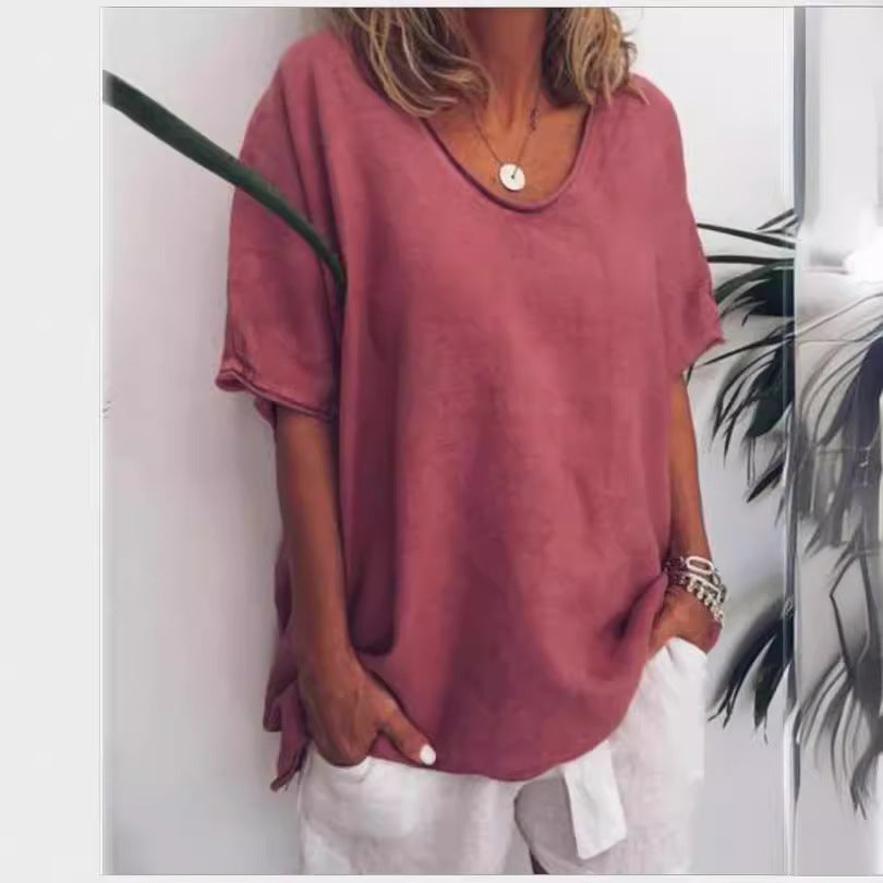Solid Color Loose Sleeve Casual Cotton Blouses
