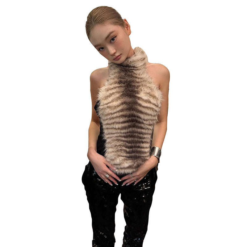 Women's Hot Plush Halter Sexy Patchwork Design Vests