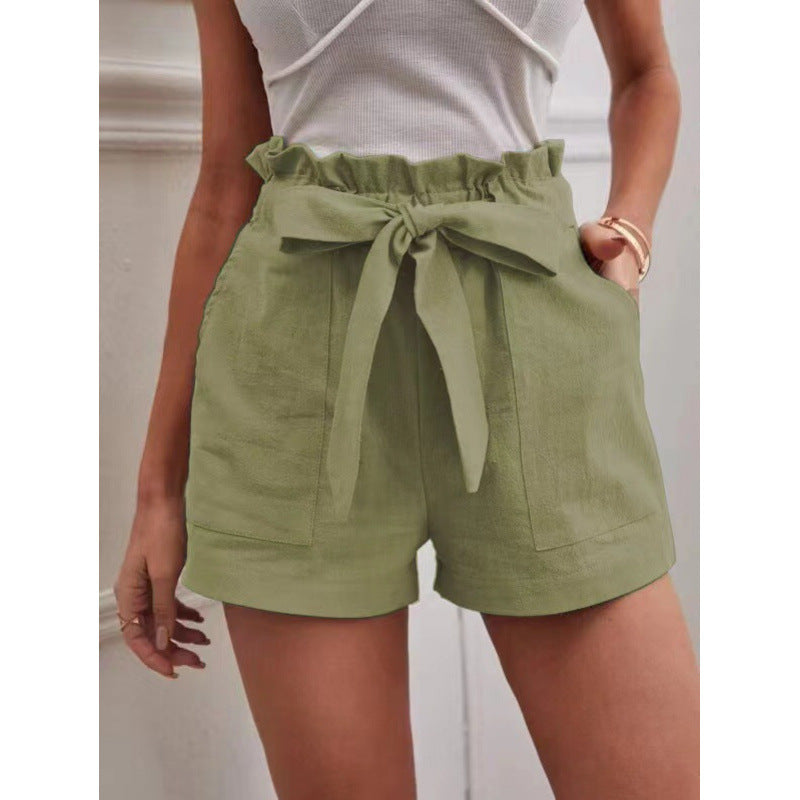 Women's Linen Leisure Pocket Solid Color Waist Shorts