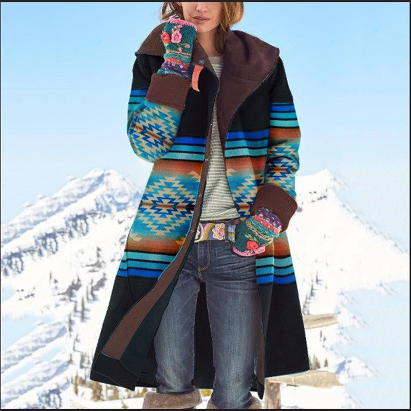 Women's Mid-length Printed Long Sleeve Woolen Cloth Coats