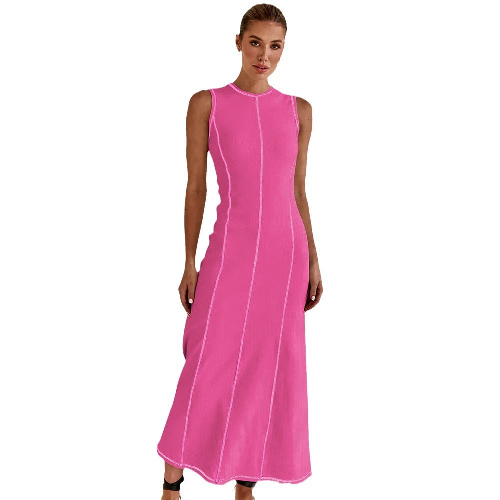 Women's Knitted Long Dress Round Neck Sleeveless Dresses