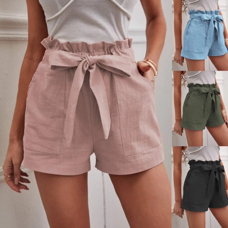 Women's Linen Leisure Pocket Solid Color Waist Shorts