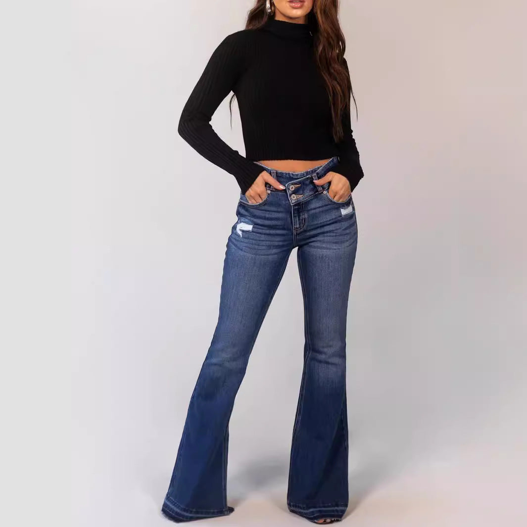Women's Unique Ripped Button Stretch Bell-bottom Jeans