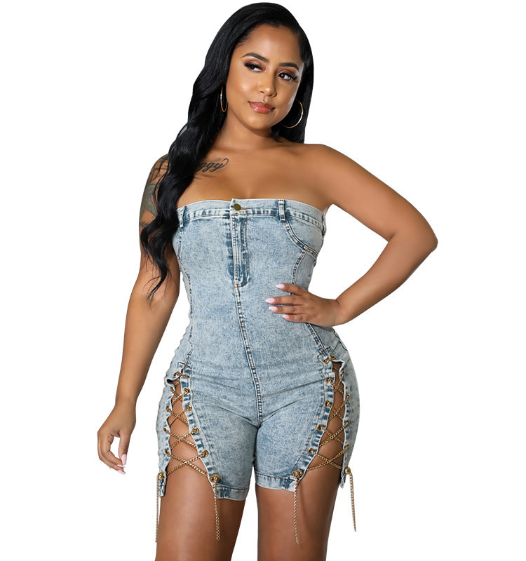 Women's Spring Wear Copper Chain Sexy Denim Jumpsuits