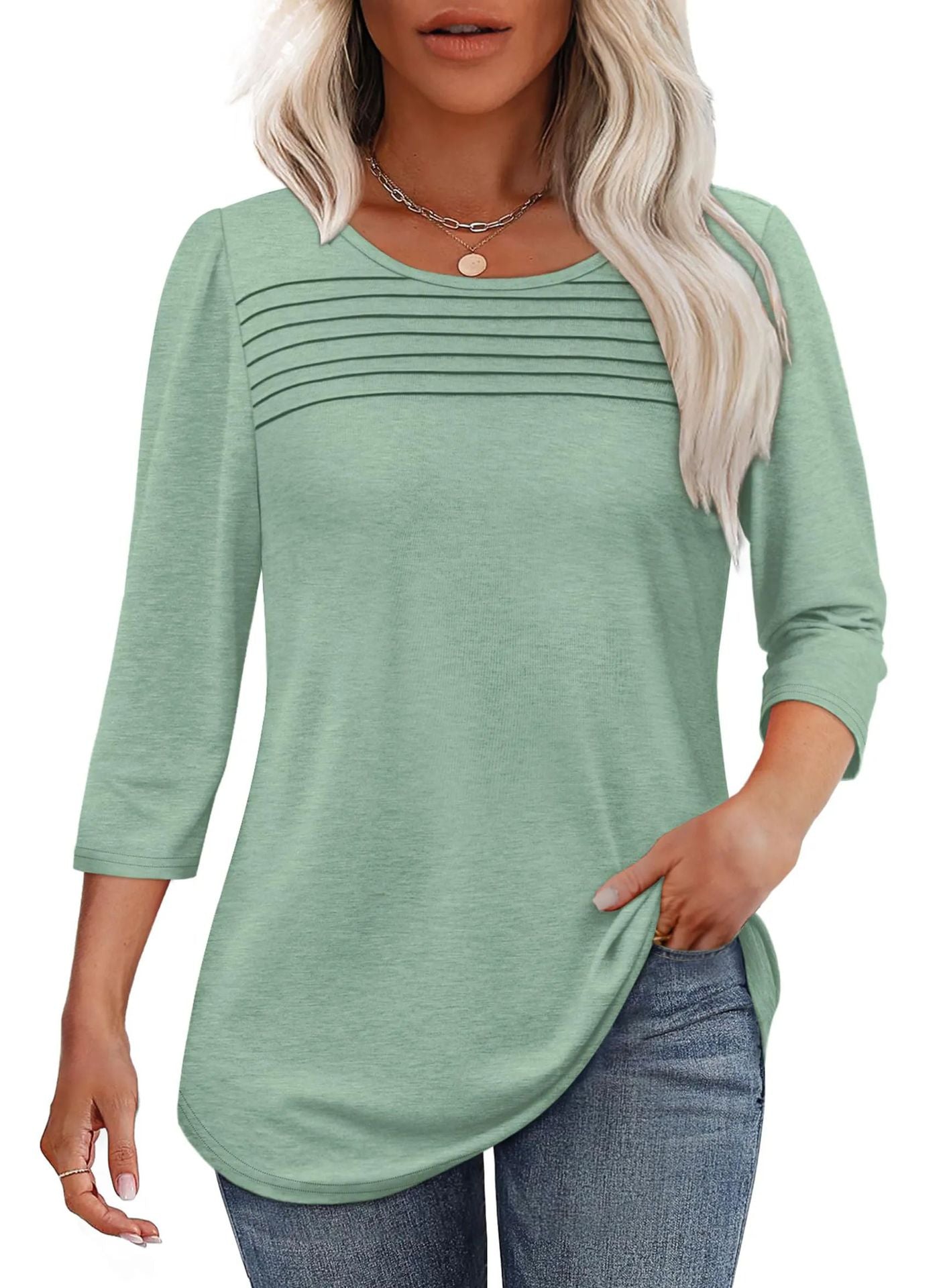 Women's Round Neck Sleeves Chest Tuck Line Blouses