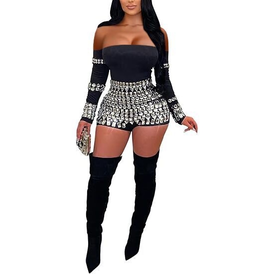 Women's Color Knitted Long Sleeve Rhinestone Sexy Jumpsuits