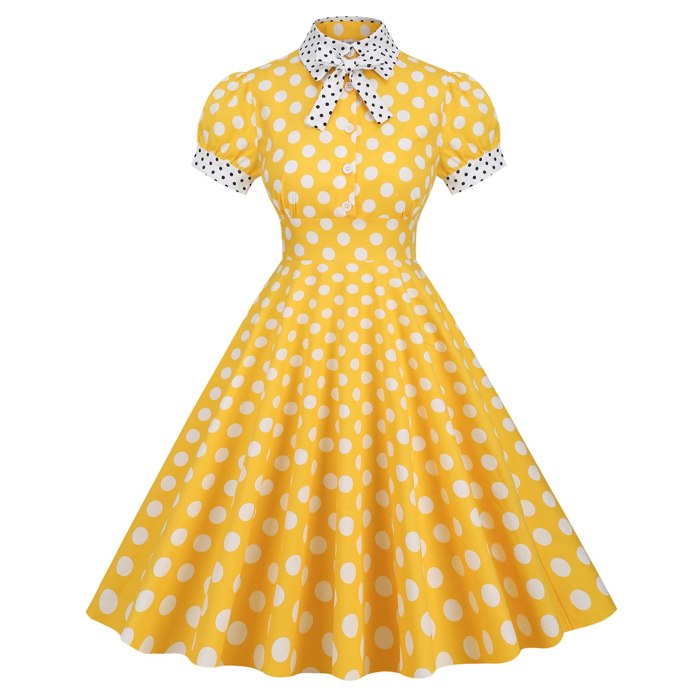 Hepburn Style Contrast Color Collar Polka Dots Retro Swing Dresses