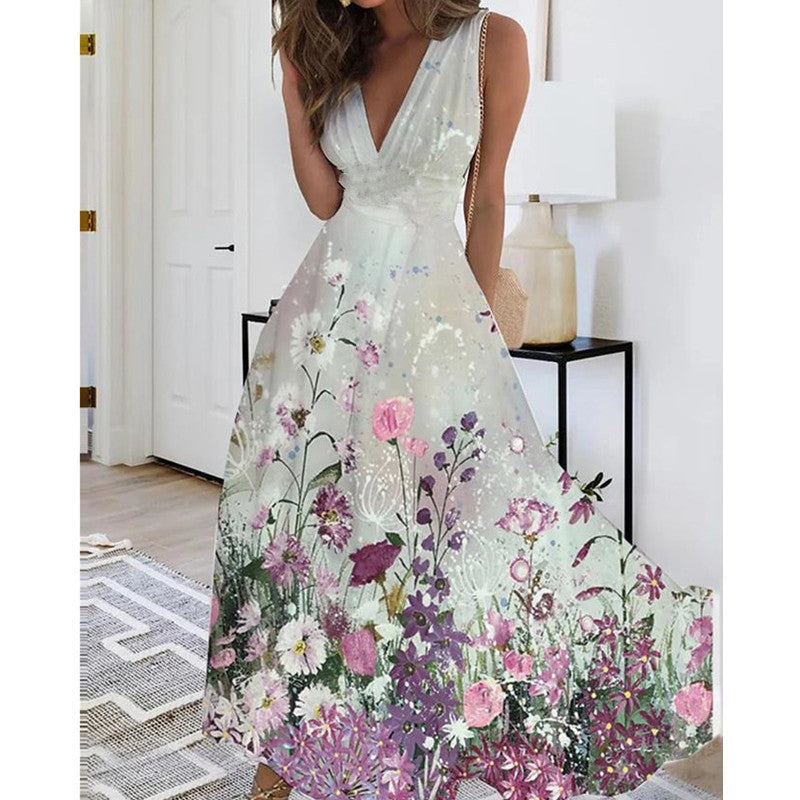Women's Summer Lining High Waist Sleeveless Printed Dresses