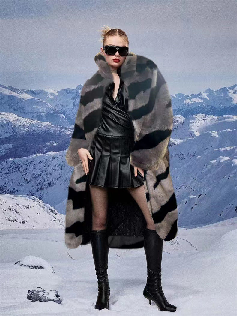 Fur Imitation Tiger Pattern Lengthened Artificial Wool Loose Coats