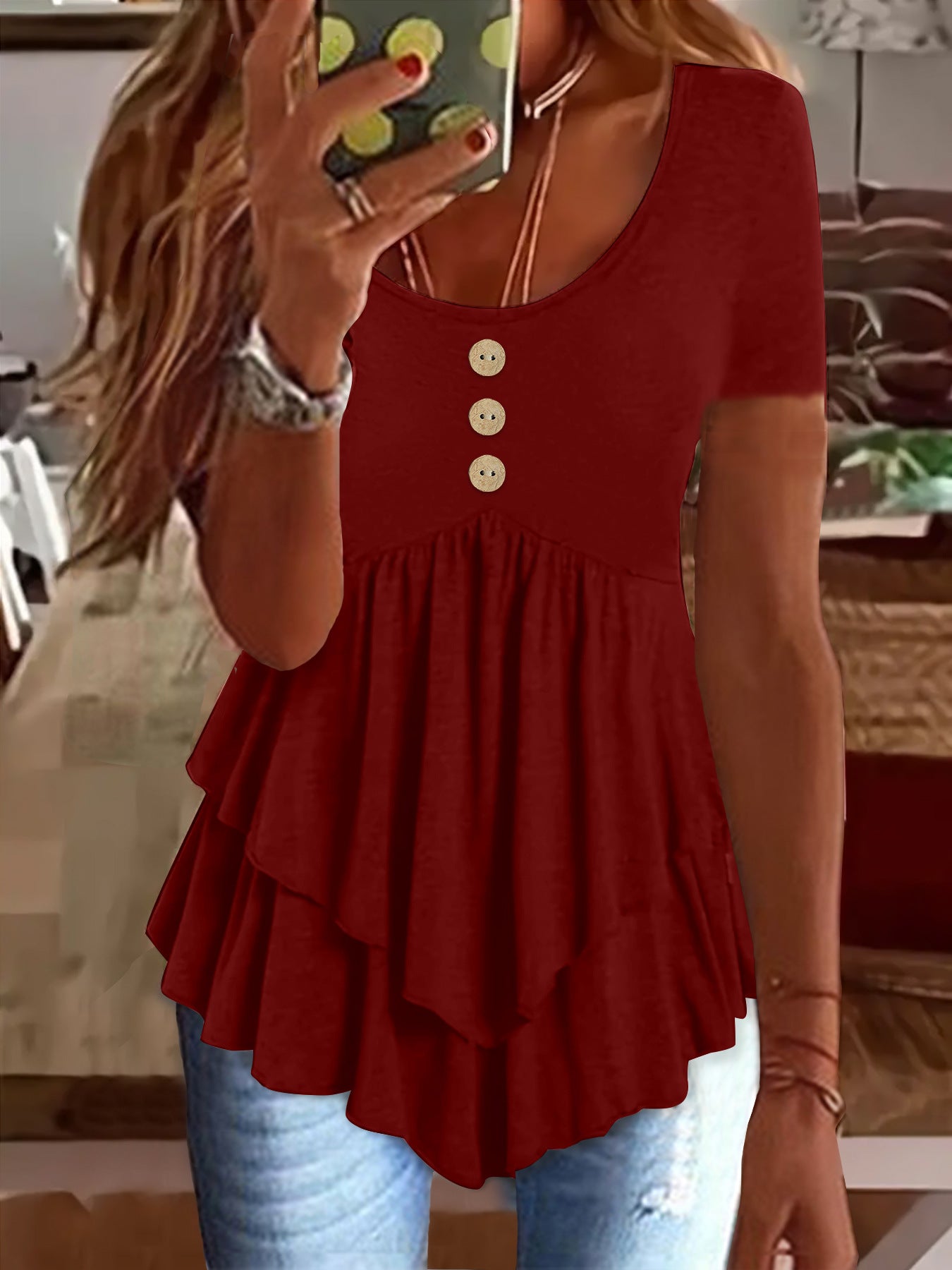 Women's Fashion Button Casual Solid Color Sleeve Blouses