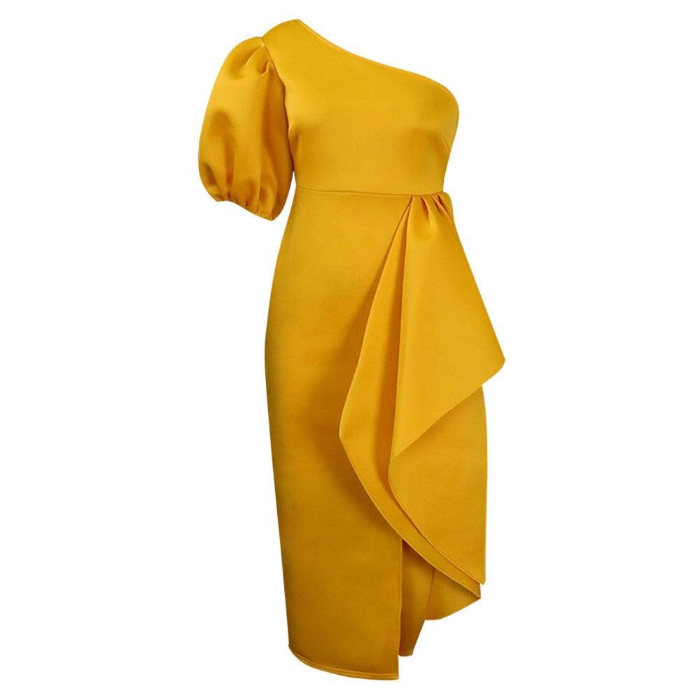 Women's Temperament Puff Sleeve Oblique Shoulder Banquet Slit Dress
