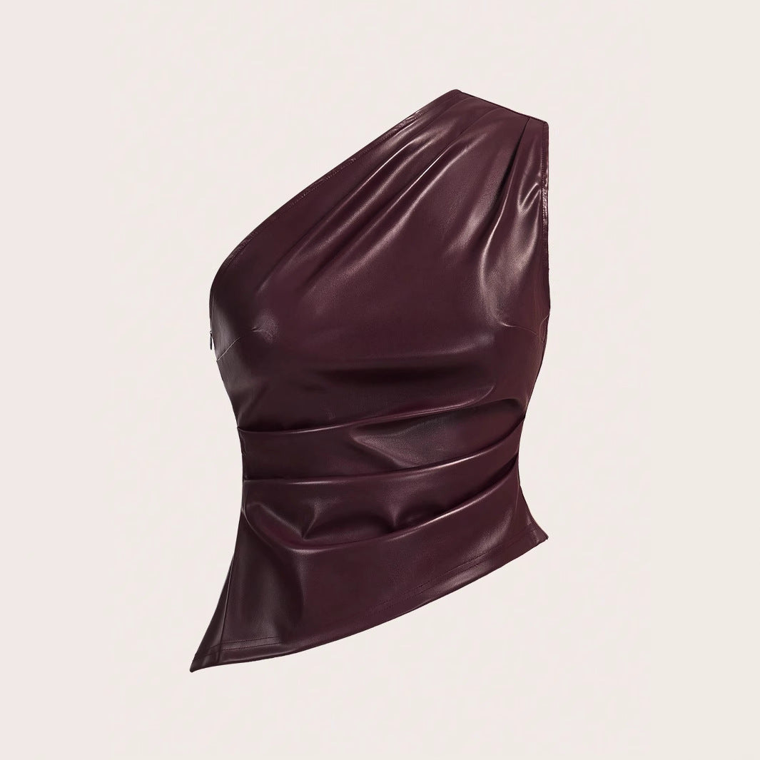 Women's Wear Solid Color Sleeveless Diagonal Collar Tops