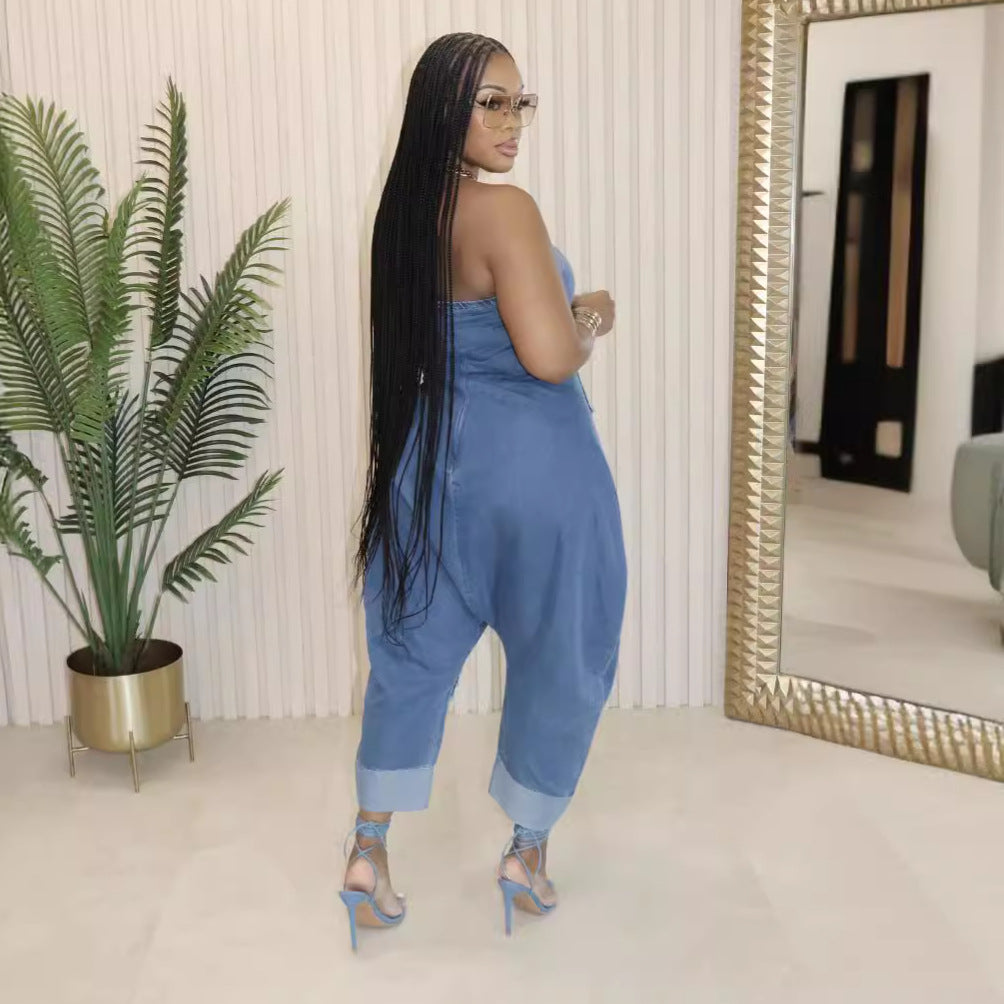 Denim Cargo Stitching Washed Loose Sleeveless Jeans