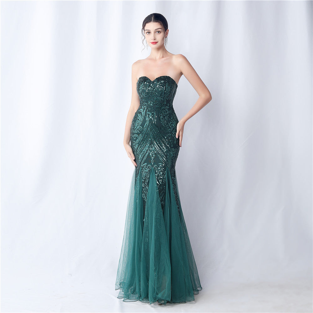 Flower Cut Mesh Sequin Dinner Toast Evening Dresses