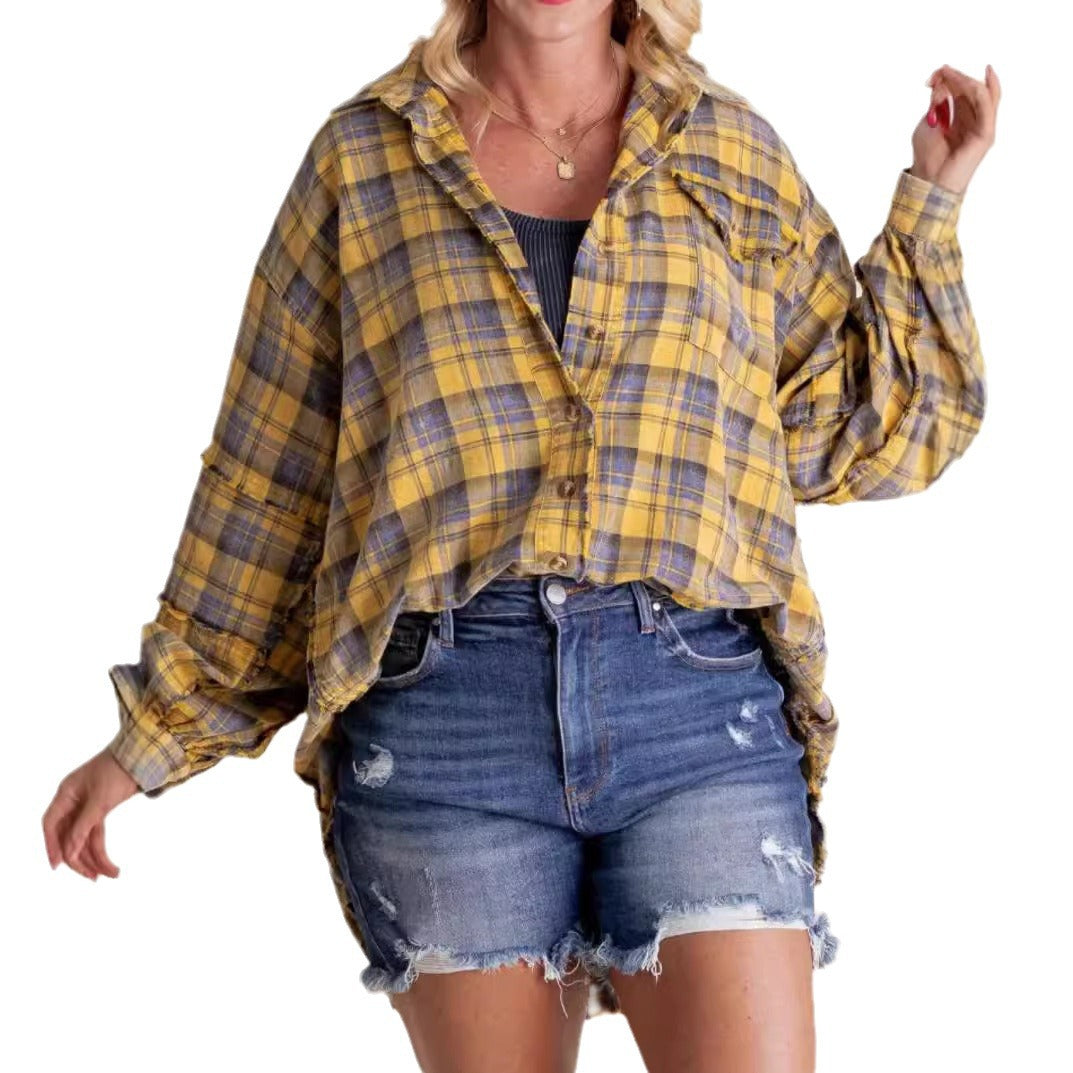 Women's Frayed Lantern Sleeve Loose Button Plaid Blouses