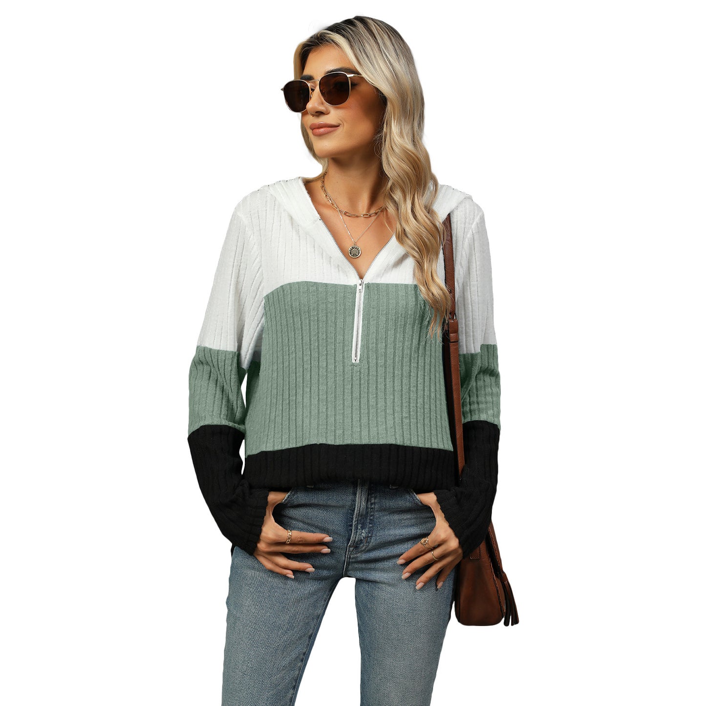 Women's Loose Color Contrast Patchwork Zipper Hooded Blouses