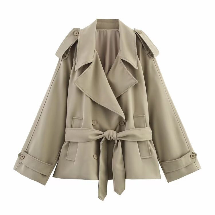 Women's Loose Casual Polo Collar Lacing Mid-length Coats