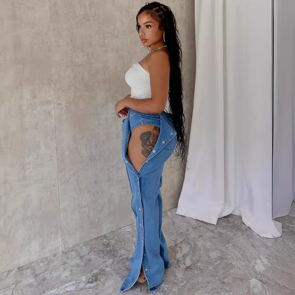 Women's Waist Fashion Street Double-sided Button Closure Jeans