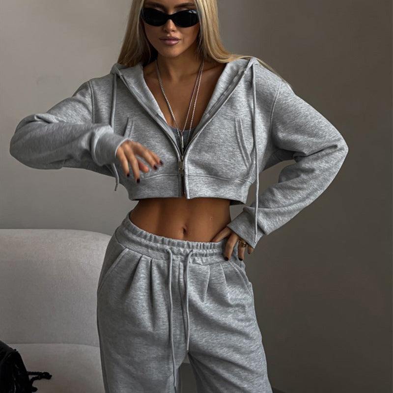Women's Casual Solid Color Midriff Outfit Hooded Suits