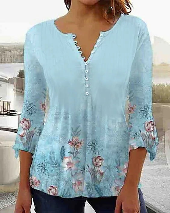 Women's Digital Printing Button T-shirt Flared Sleeves Clothing