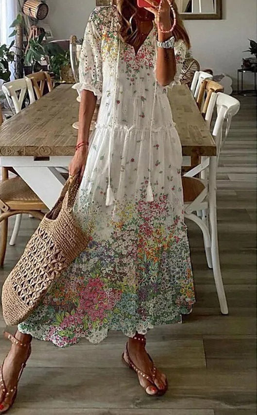 Women's Casual Sweet Loose Printed Tassel Long Dresses