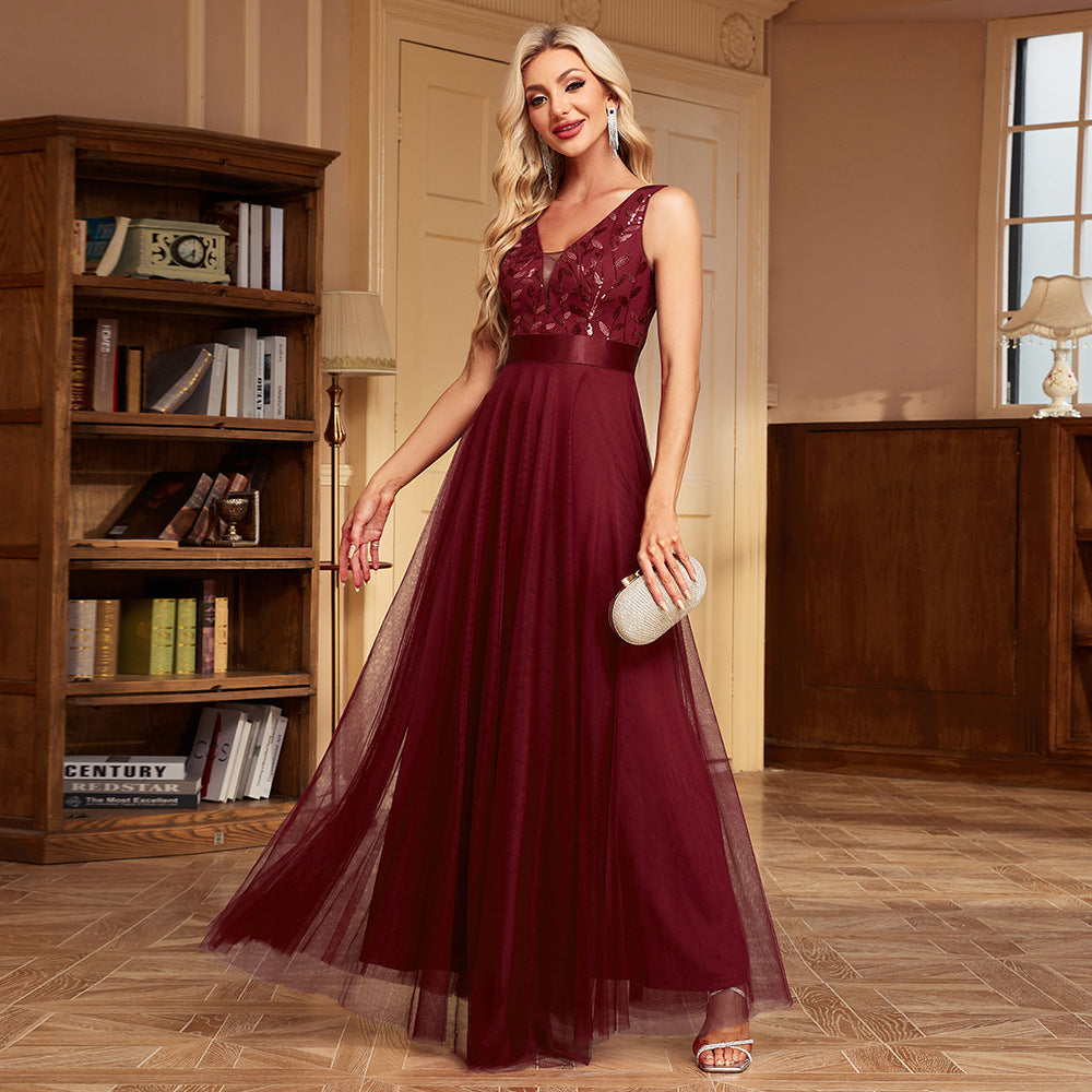 Sleeveless Double Dress Tulle Embroidery Long Evening Dresses