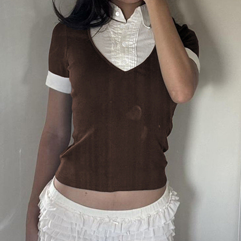 Fake Two Pieces Contrast Color Sleeve Girly Blouses