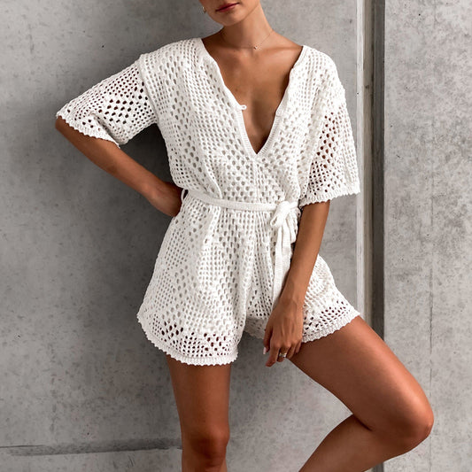 Women's Solid Color Hollow Siamese Summer Waist Jumpsuits