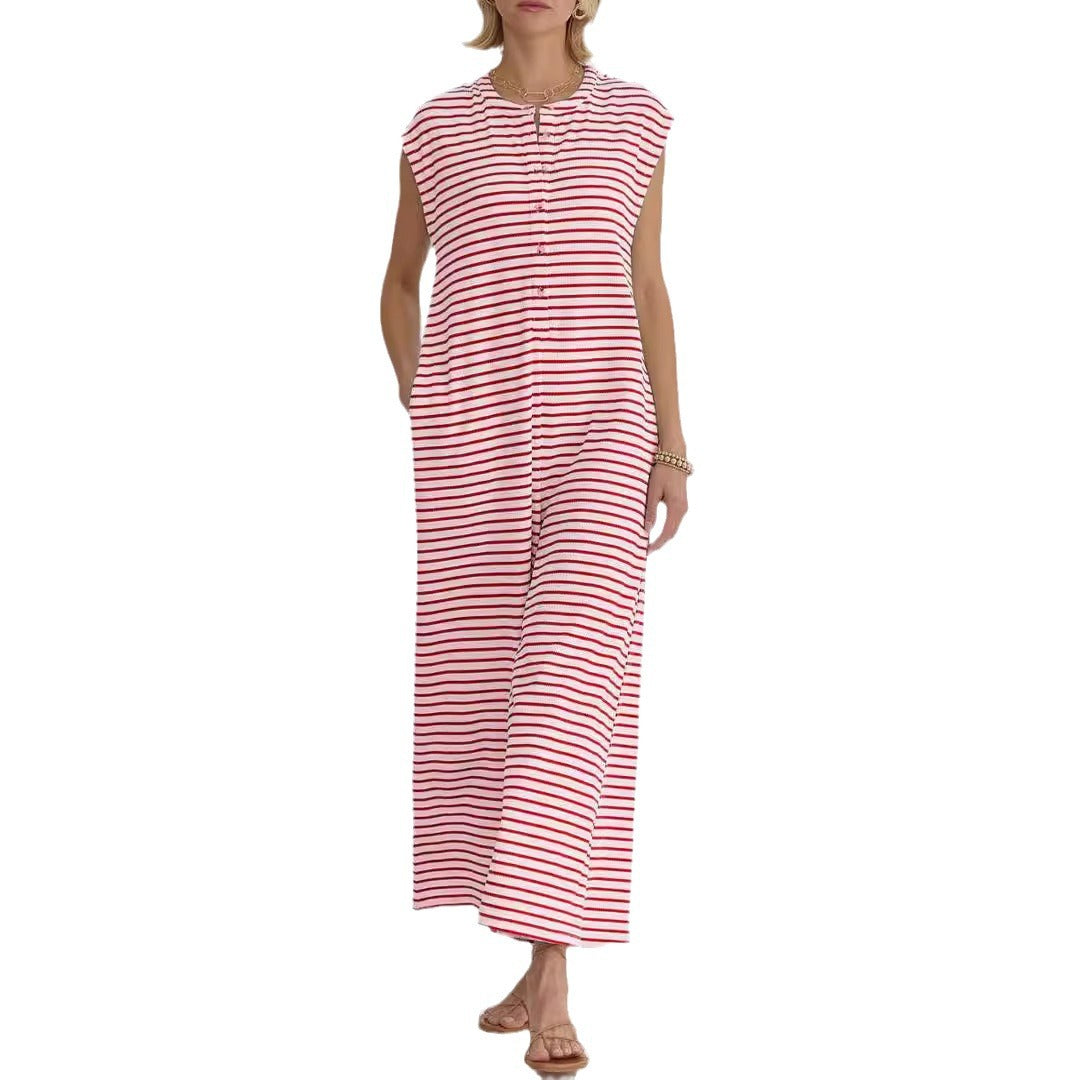 Women's Simple Loose Striped Sleeveless Wide Leg Jumpsuits