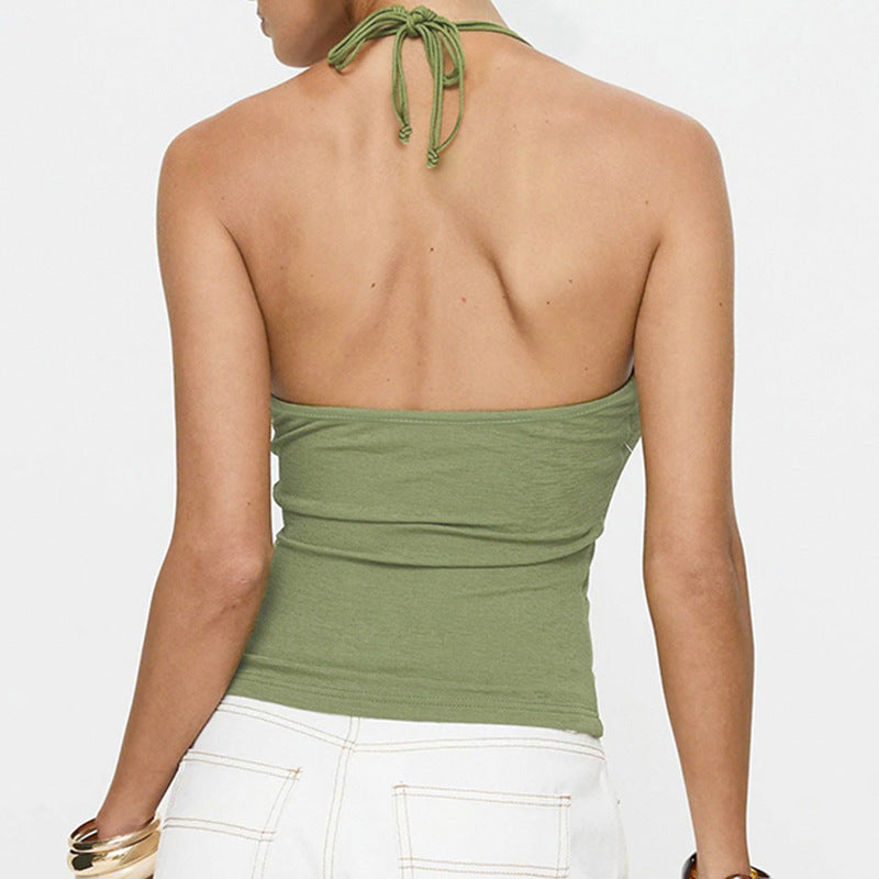 Retro Beaded Halter Design Sexy Backless Spaghetti Straps Tops